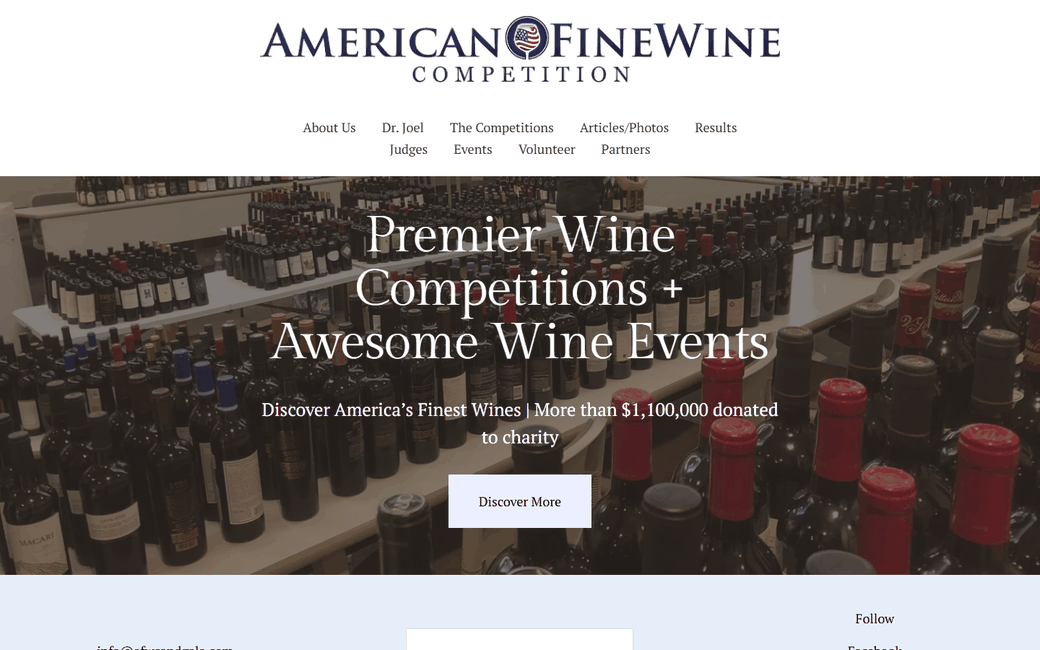 American Fine Wine Competition live website — desktop view