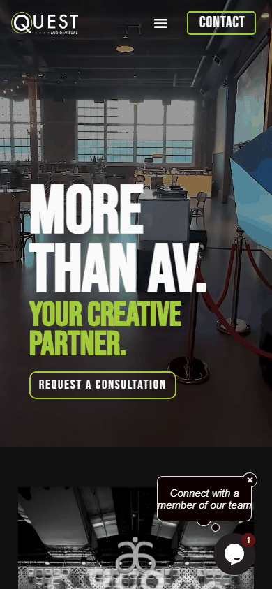 Quest Audio Visual live website — mobile view