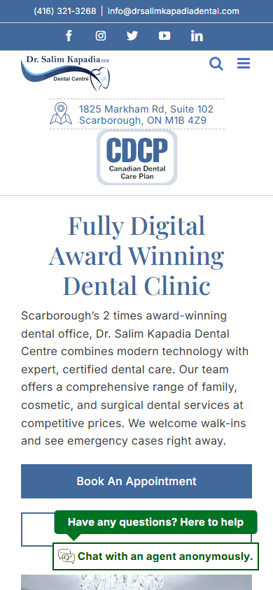 Dr. Salim Kapadia Dental Centre live website — mobile view